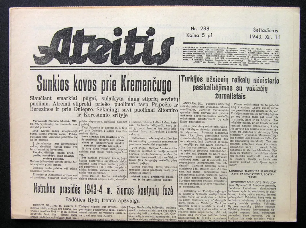Laikraštis. Ateitis, 1943-12-11, Nr. 288 - Leidėjas ir redaktorius Bronius Daunoras, knyga 2