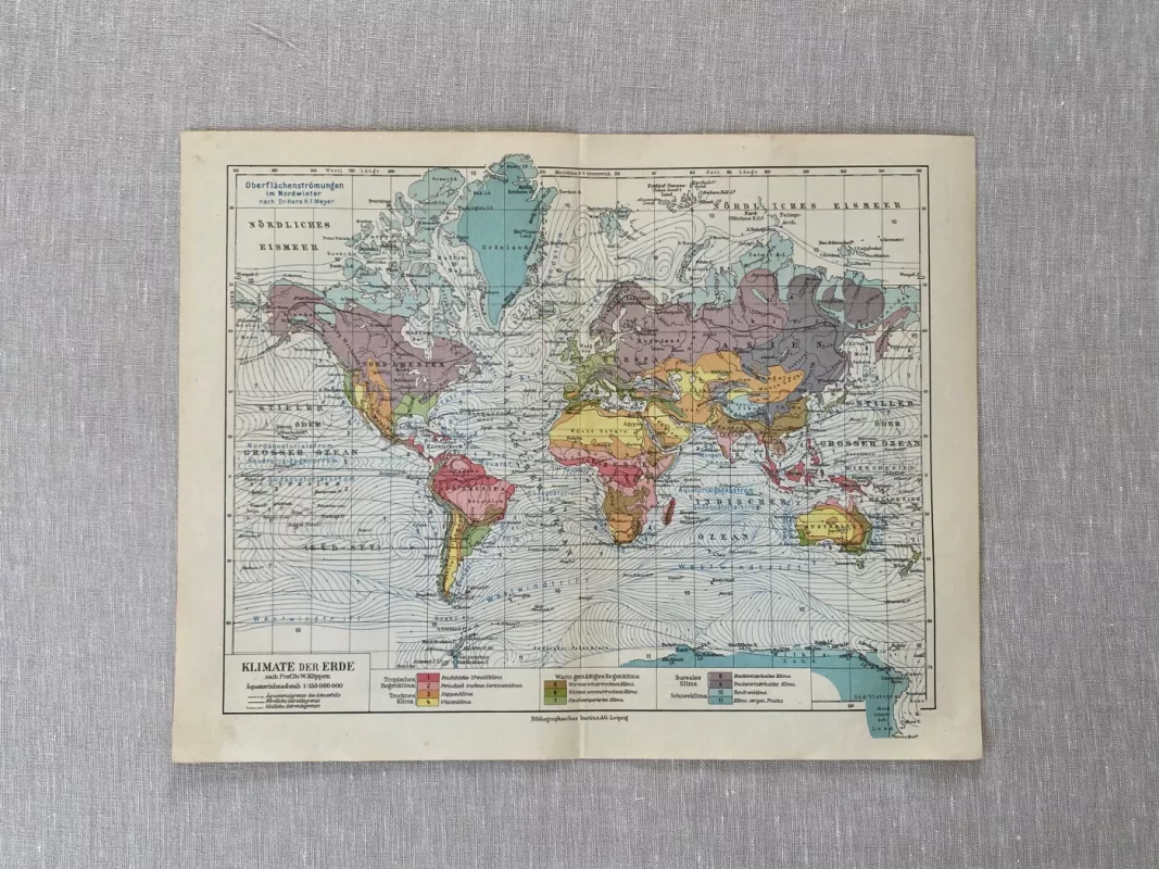 Pasaulinio Žemės klimato žemėlapio 1932m. litografija Meyers Lexikon - , namai ir interjeras 3