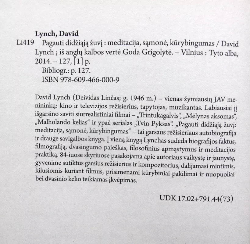Pagauti didžiąją žuvį: meditacija, sąmonė, kūrybingumas - David Lynch, knyga 5