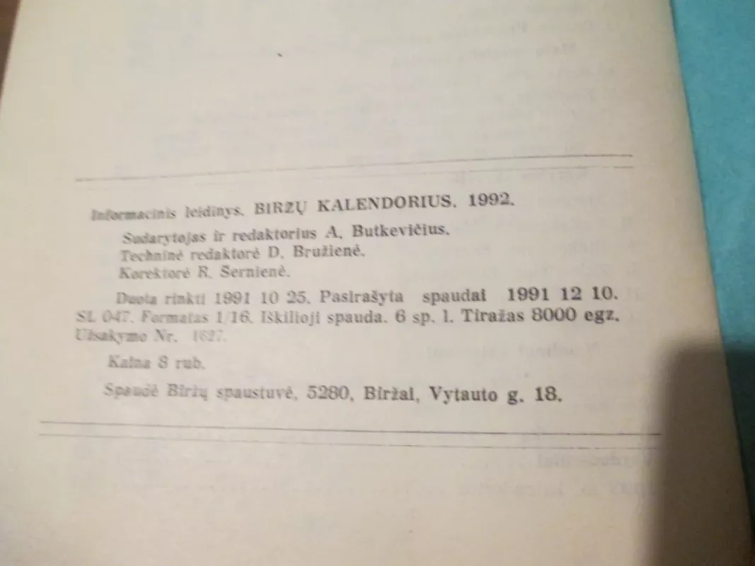Biržų kalendorius 1992 - Algirdas Butkevičius, knyga 5