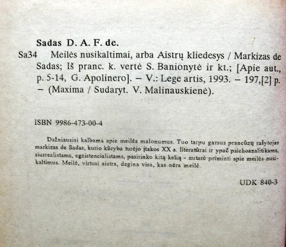 Meilės nusikaltimai, arba Aistrų kliedesys - Markizas de Sadas, knyga 5