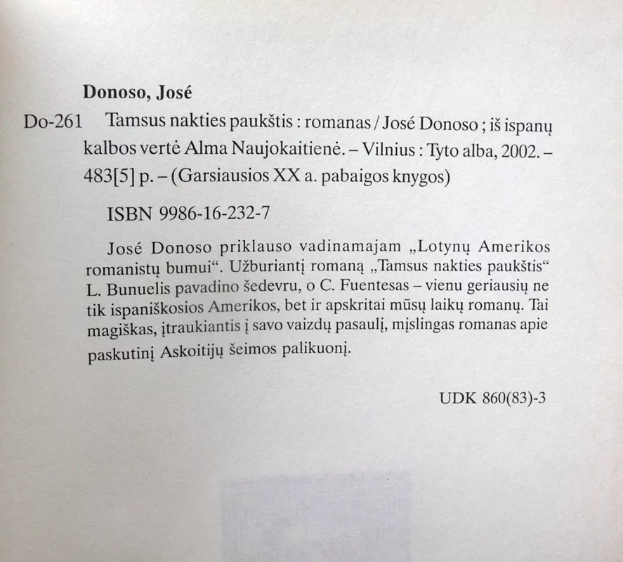 Tamsus nakties paukštis - Jose Donoso, knyga 4