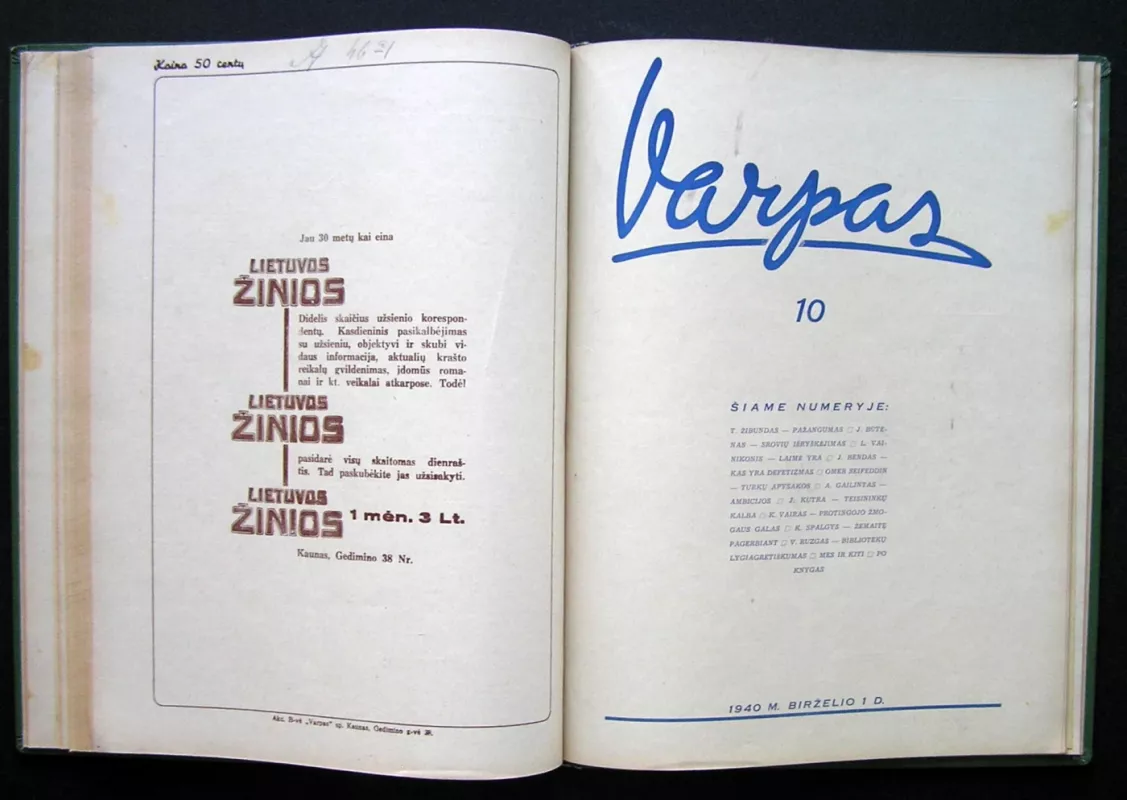 Varpas 1940 - Redaktorius: Antanas Rūkas, Julius Būtėnas, knyga 6