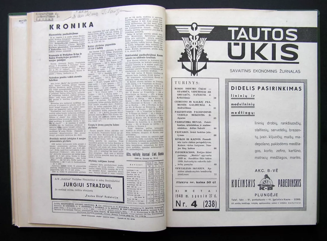 Tautos ūkis 1940 - Vyr. redaktorius Vladas Juodeika, knyga 4