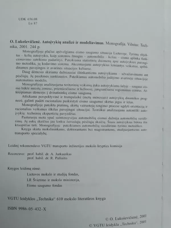 Autoįvykių analizė ir modeliavimas - O. Lukoševičienė, knyga 3
