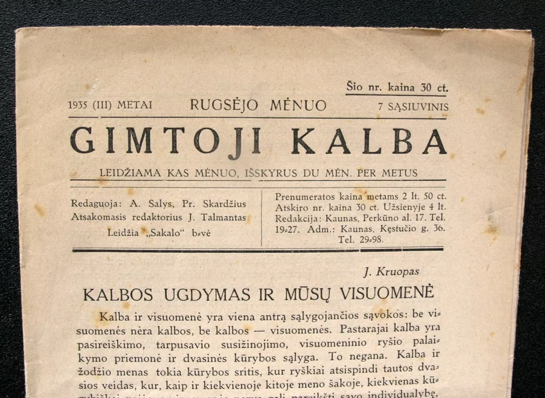 Gimtoji kalba 1935 m. 7 sąsiuvinis - Redaktorius: Jurgis Talmantas, knyga 3