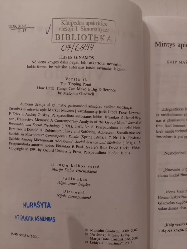 Virsmo taškas: kaip maži dalykai daro didelę įtaką - Malcolm Gladwell, knyga 3