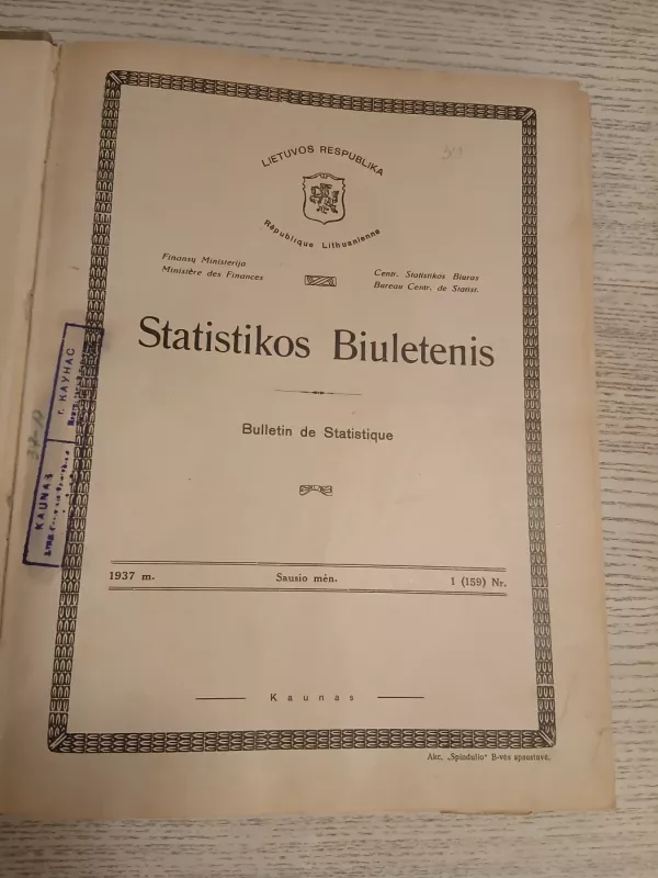 Statistikos Biuletenis. 1937m 1-12 mėn. - LR Finansų ministerija, knyga 5
