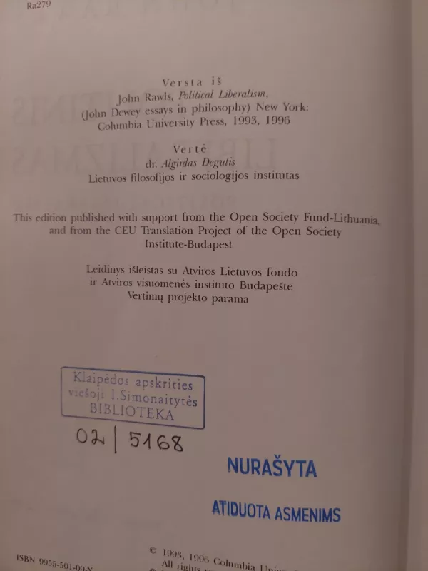 Politinis liberalizmas - John Rawls, knyga 3