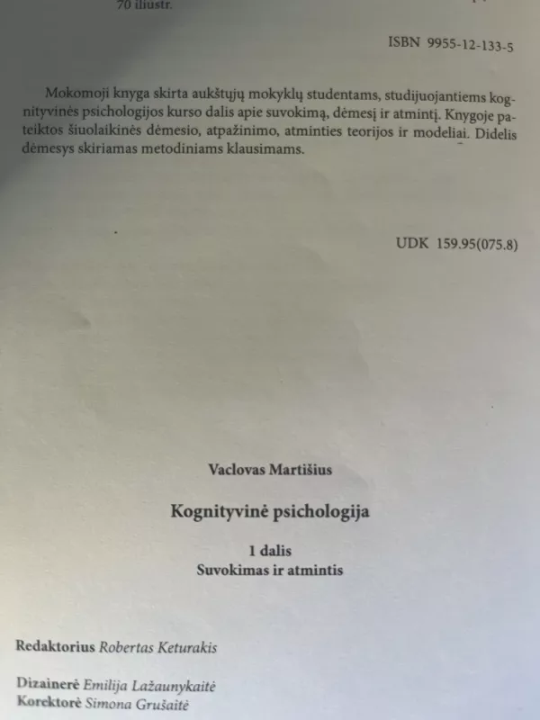 Kognityvinė psichologija (1 dalis): Suvokimas ir atmintis - Vaclovas Martišius, knyga 3