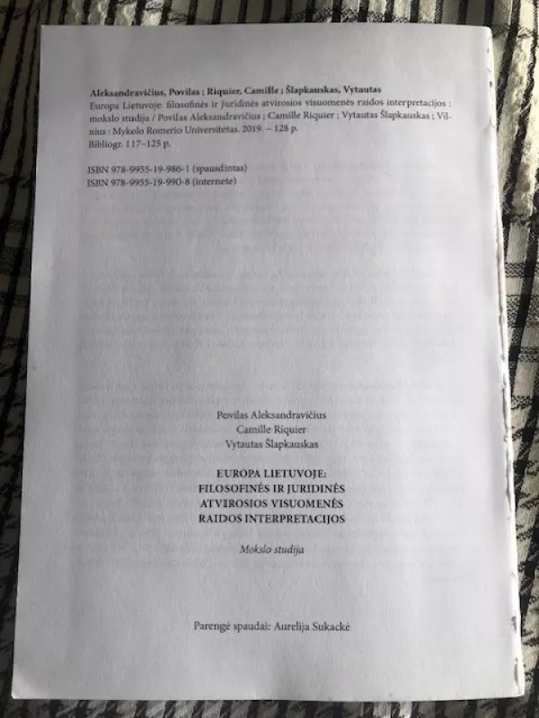 Europa Lietuvoje: filosofinės ir juridinės atvirosios visuomenės raidos interpretacijos - Povilas Aleksandravičius, Camille Riquier, Vytautas Šlapkauskas, knyga 5