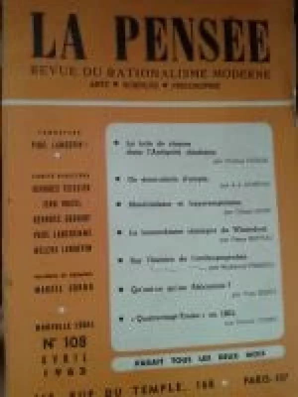 La Pensee. Revue du Rationalisme Moderne - Autorių Kolektyvas, knyga