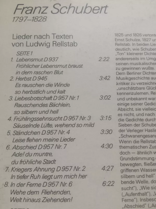 Lieder nach Rellstab und Ernst Schulze - Franz Schubert, plokštelė 3